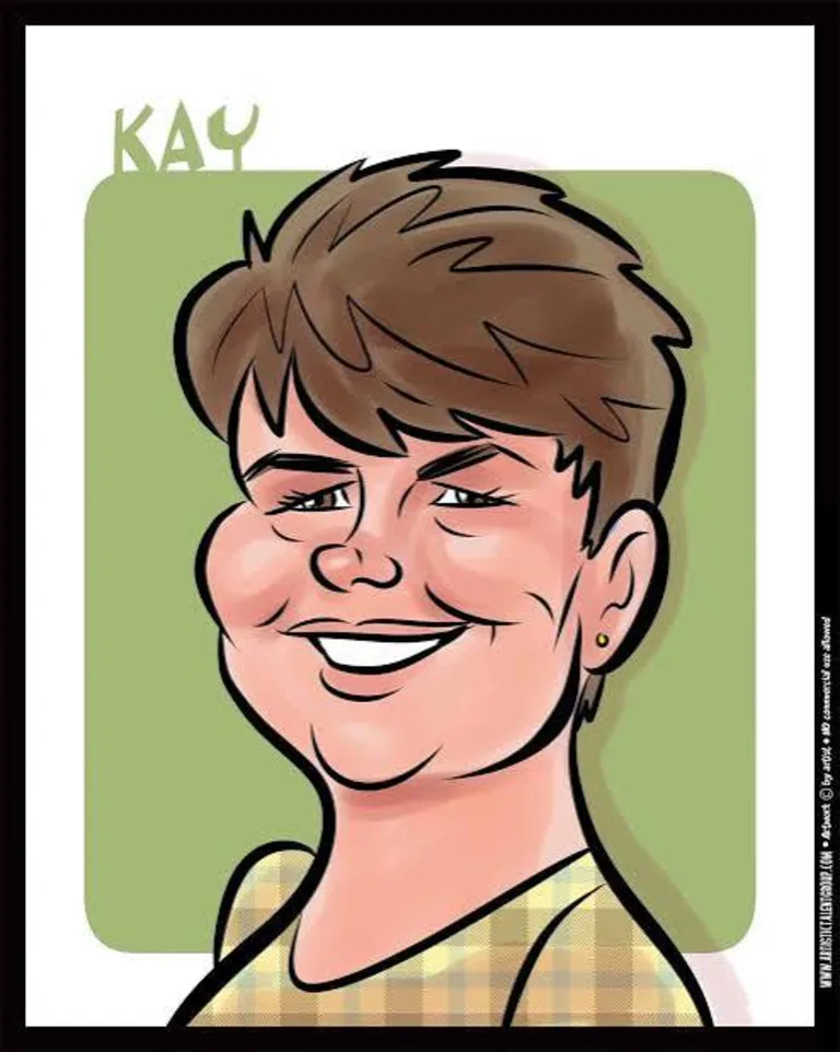 Color digital caricature of a smiling short-haired guest