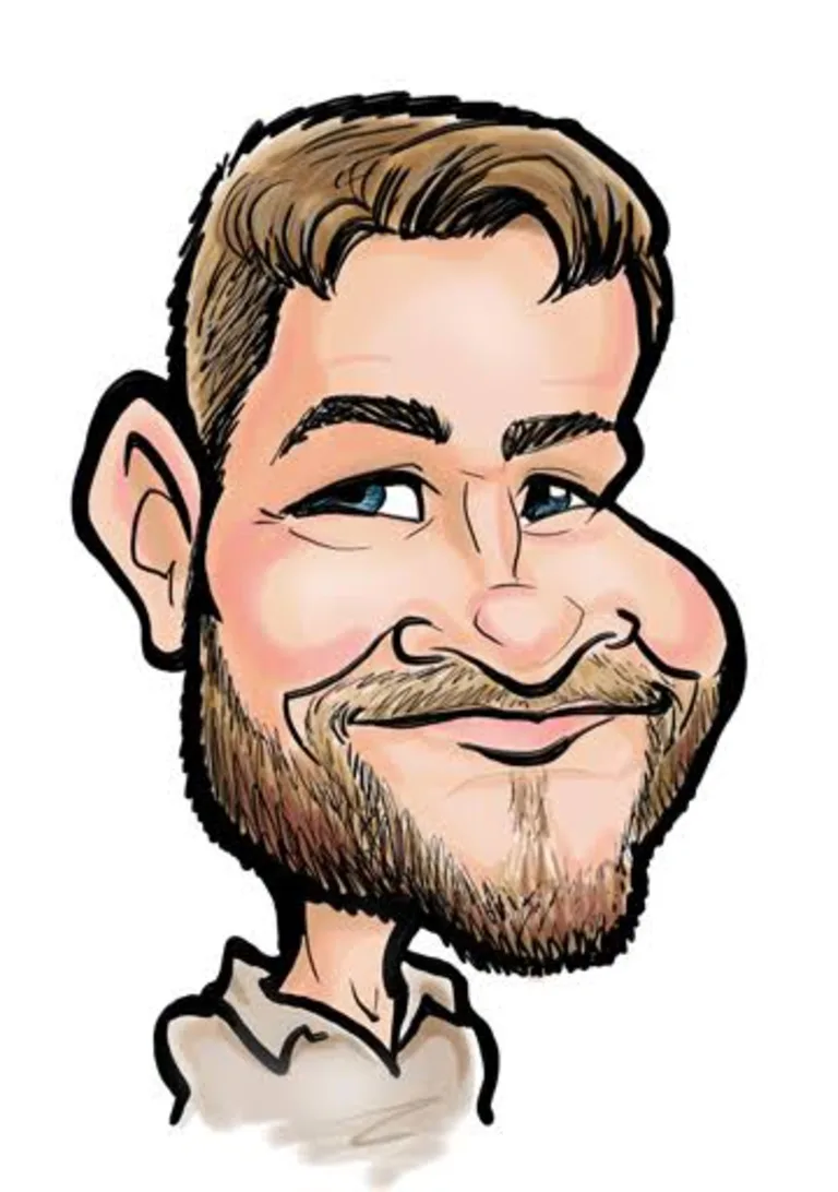 Color digital caricature of a bearded man with a big grin