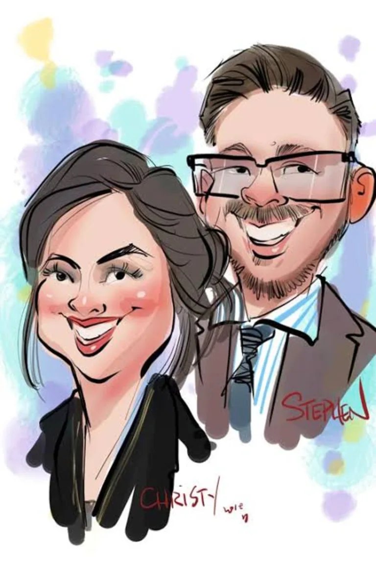 Color digital caricature of a couple laughing together