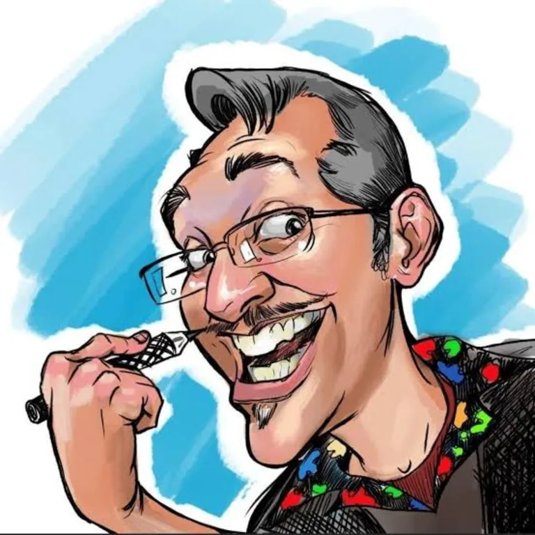 Color digital caricature of an artist drawing with a stylus