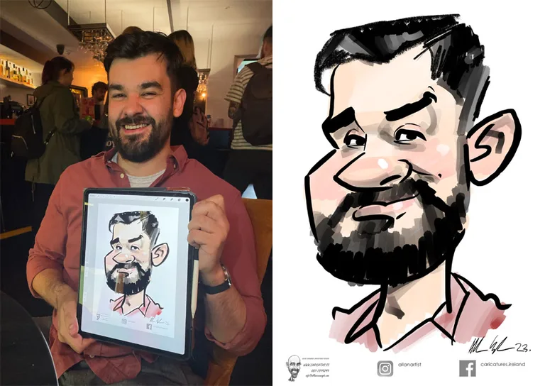 Guest with his tablet caricature next to the finished full-color drawing